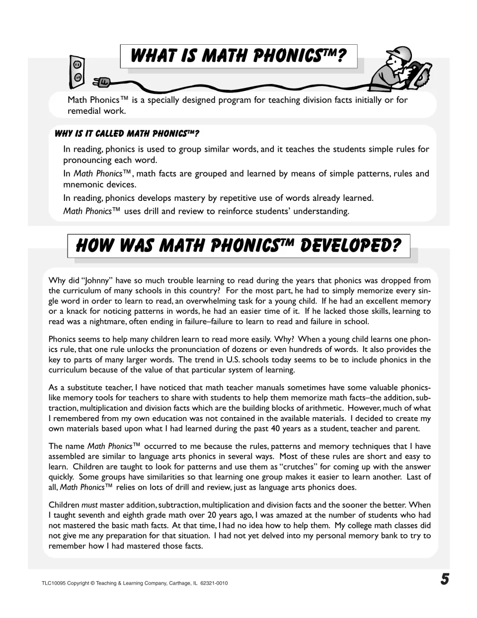 Program overview: division facts grouped by patterns, rules and mnemonics, like reading phonics, and its origin story