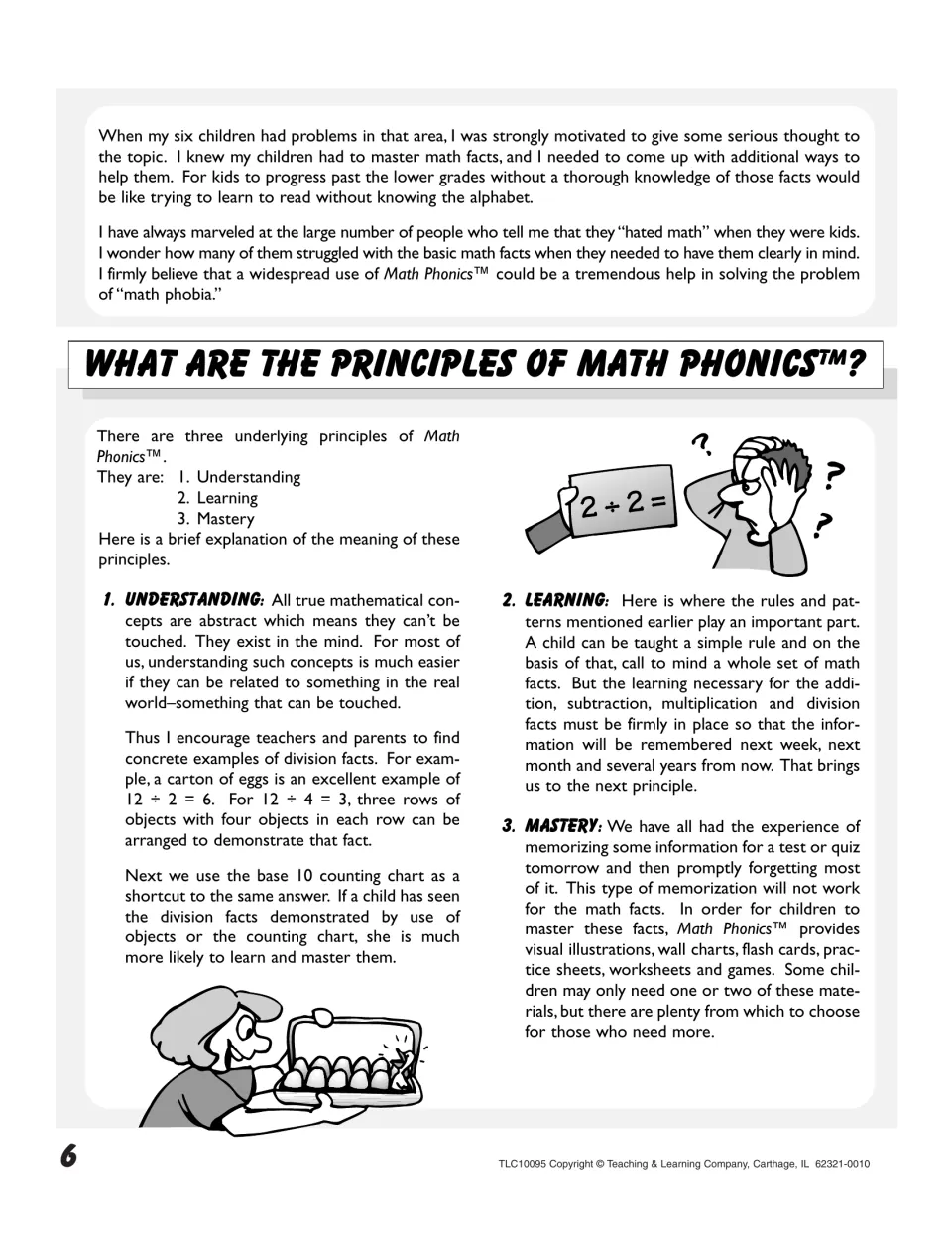 Three principles of the program: understanding, learning and mastery, with concrete examples like an egg carton for 12 ÷ 2