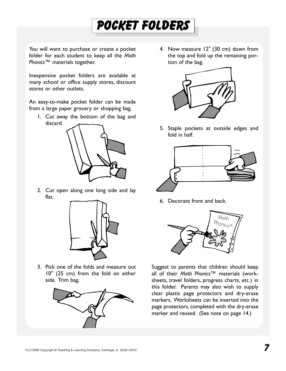 Pocket folders: six illustrated steps to make a student folder from a paper grocery bag by cutting, measuring and stapling