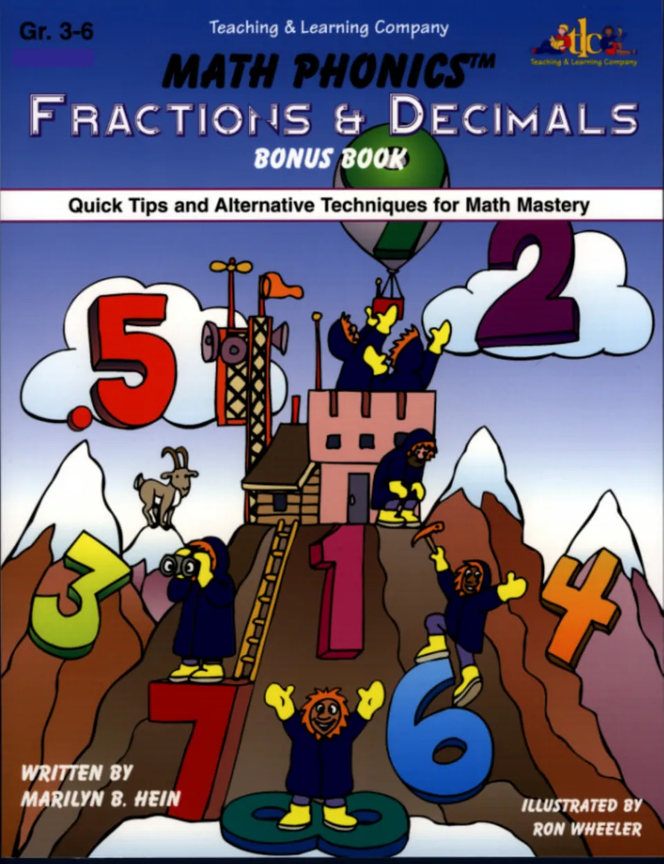 Math Phonics Fractions & Decimals Bonus Book cover, Gr. 3-6: parka-clad kids climb snowy peaks among giant numbers and .5