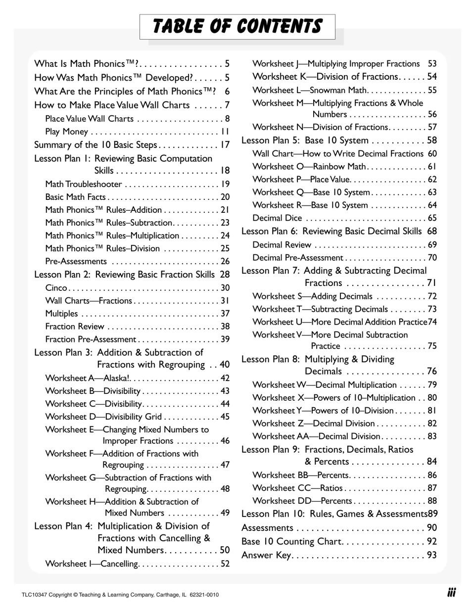 Table of contents: 10 lesson plans, worksheets A to DD on fractions, decimals and percents, wall charts and games