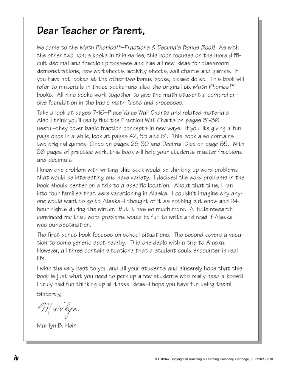 Author's letter pointing to place value and fraction wall charts, Cinco and Decimal Dice games and Alaska word problems