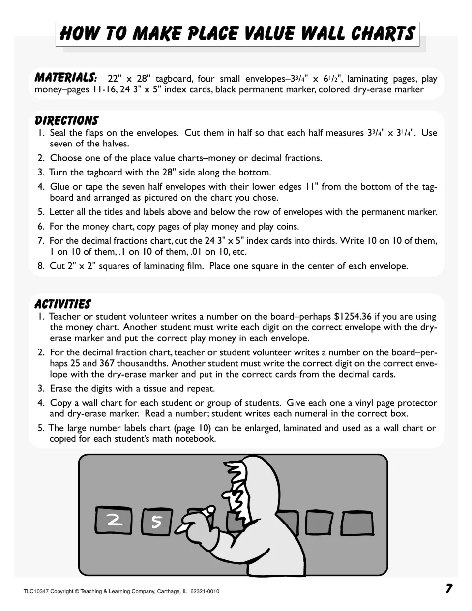 How to make place value wall charts: materials, 8 steps using envelopes, and activities placing digits and play money