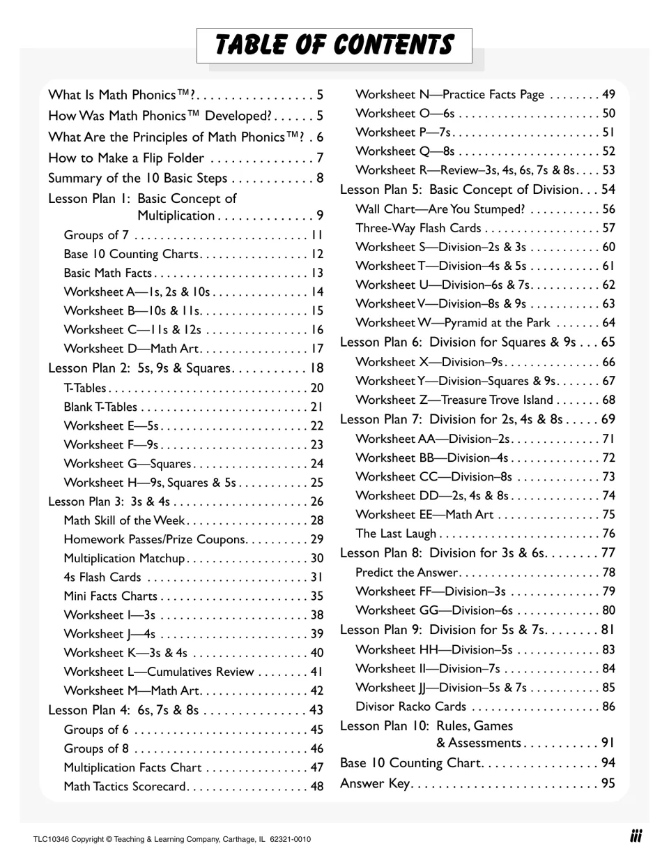Table of contents listing 10 lesson plans with worksheets A to JJ, flash cards, fact charts, games and an answer key