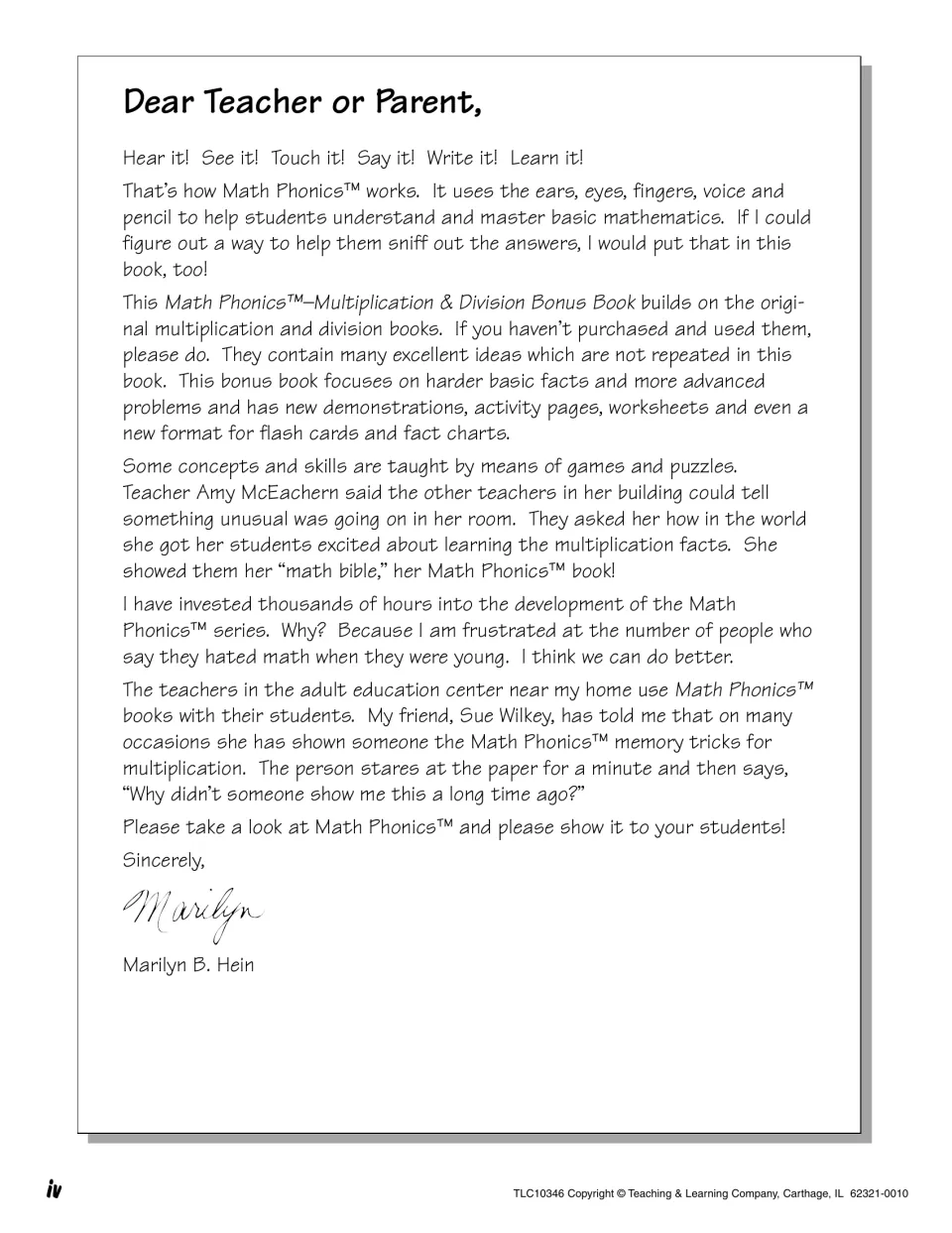 Letter to teachers and parents from author Marilyn B. Hein explaining how this bonus book builds on the original books
