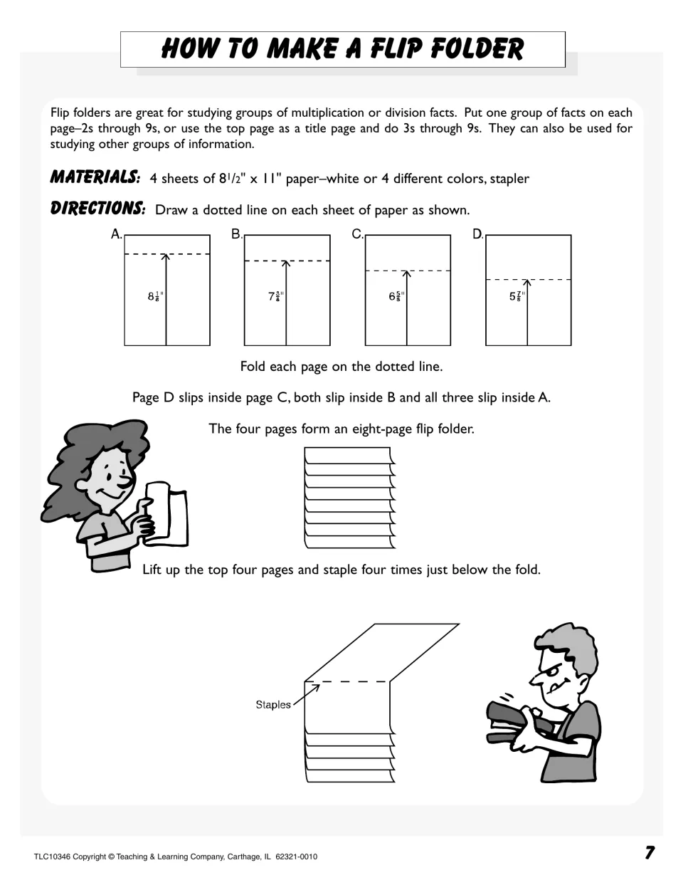 How to make a flip folder: fold four sheets at marked lengths, nest them and staple to study one group of facts per page
