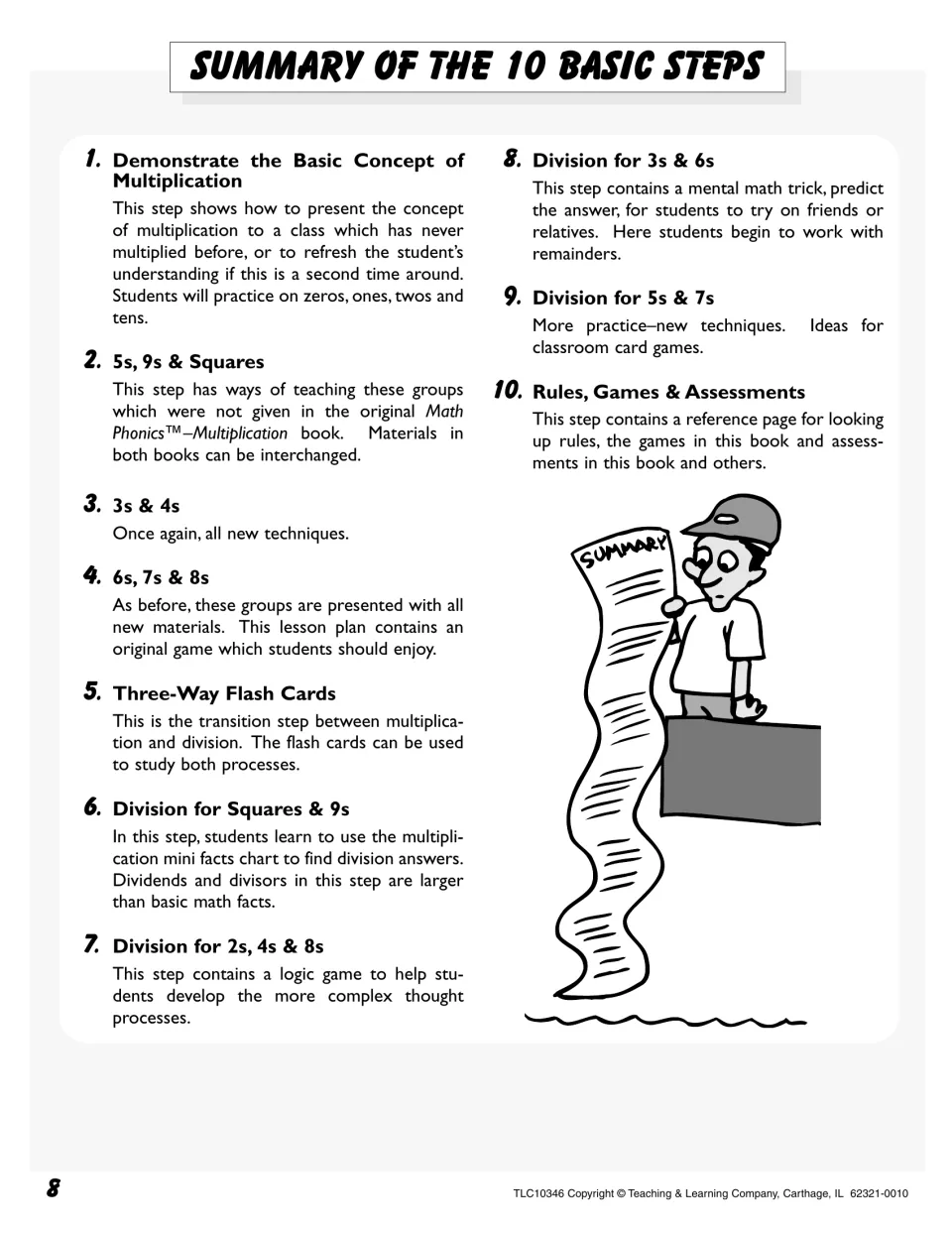 Summary of the 10 basic steps, from the concept of multiplication through division for 2s to 9s, rules, games and tests