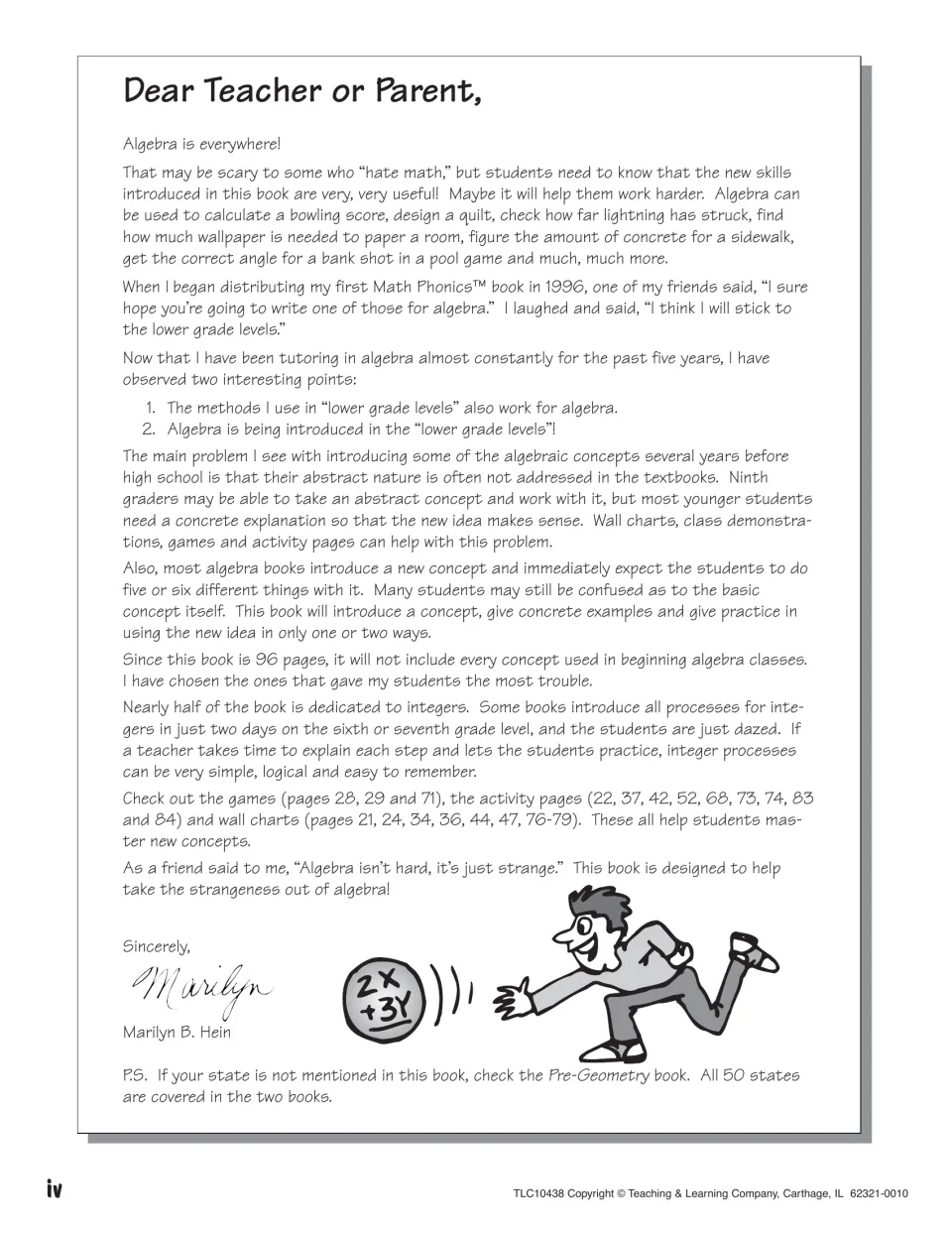 Letter to teachers and parents explaining why algebra is useful and how the book uses wall charts, games and activities