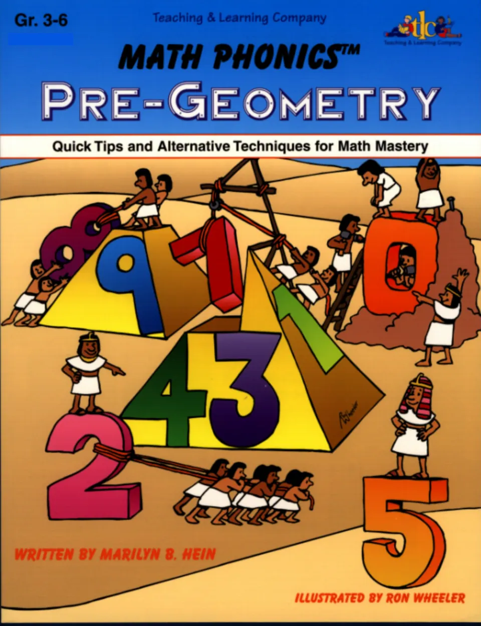 Math Phonics Pre-Geometry cover for Gr. 3-6: cartoon Egyptian workers haul giant numbers up to yellow pyramids in a desert