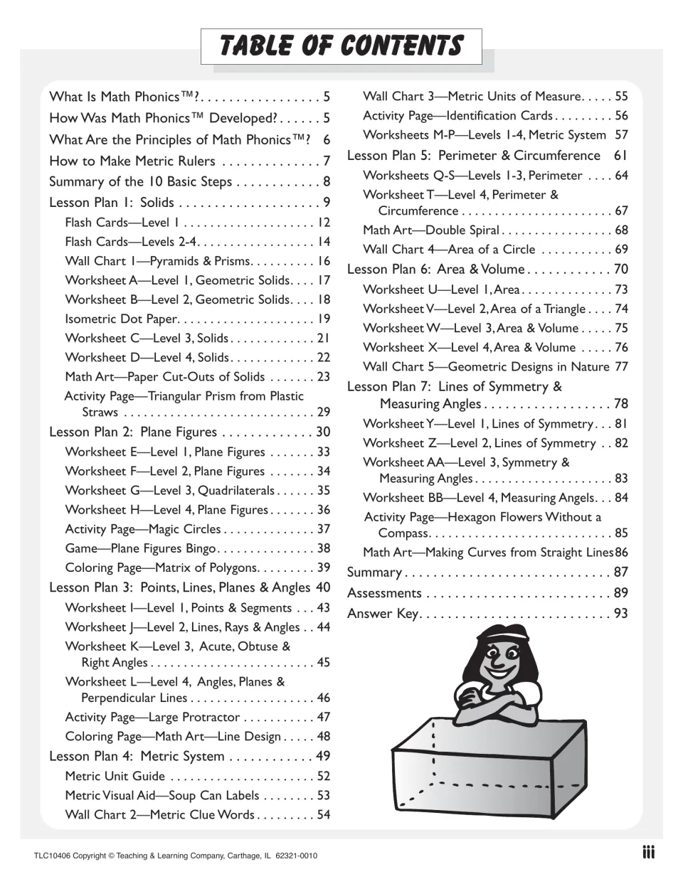 Table of contents listing seven lesson plans, from solids and plane figures to symmetry and angles, with worksheets A to BB