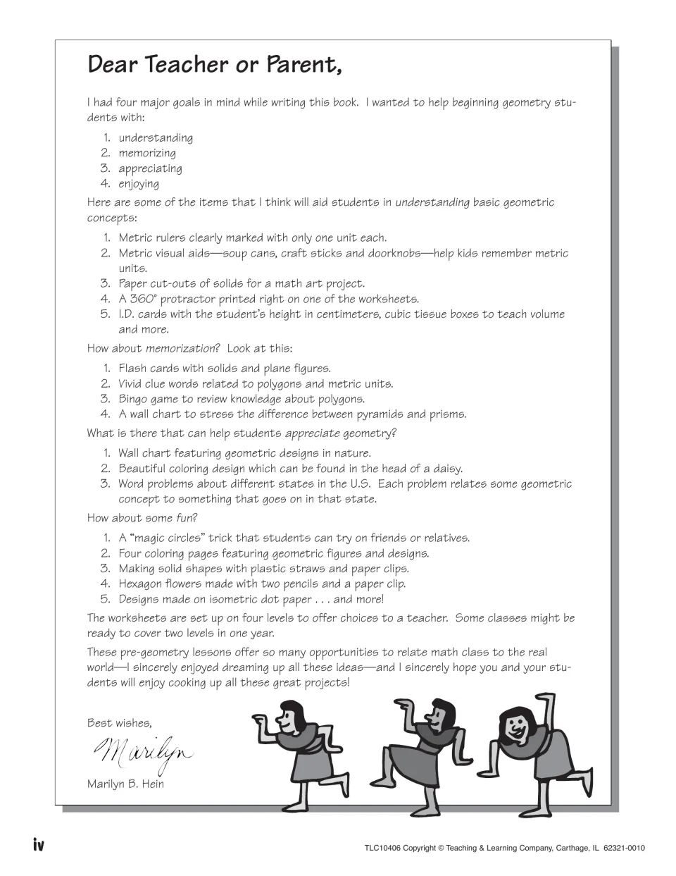 Letter to teachers and parents listing aids such as metric rulers, flash cards, bingo, wall charts and hexagon flowers