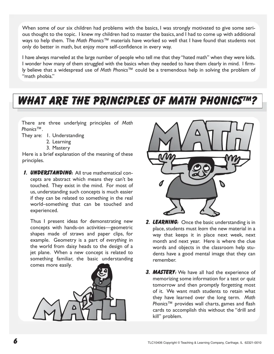 Principles of the program: understanding, learning and mastery, each explained, with cartoon figures on the word MATH