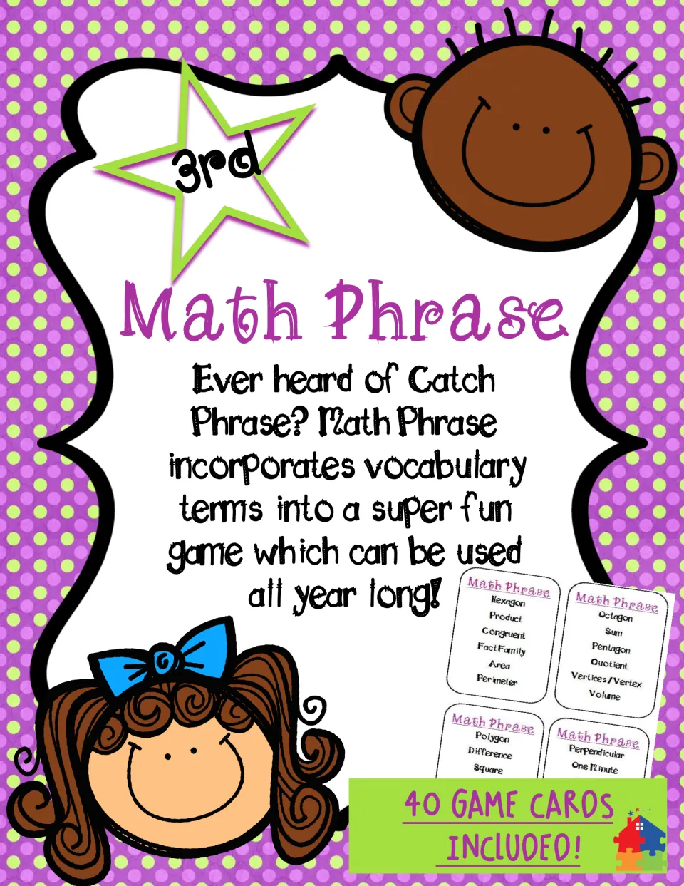 Math Phrase cover: a Catch Phrase-style vocabulary game for 3rd grade, with 40 game cards included and sample cards shown