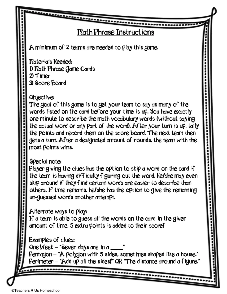Game instructions: teams describe card words in one minute without saying them, plus materials, scoring and sample clues
