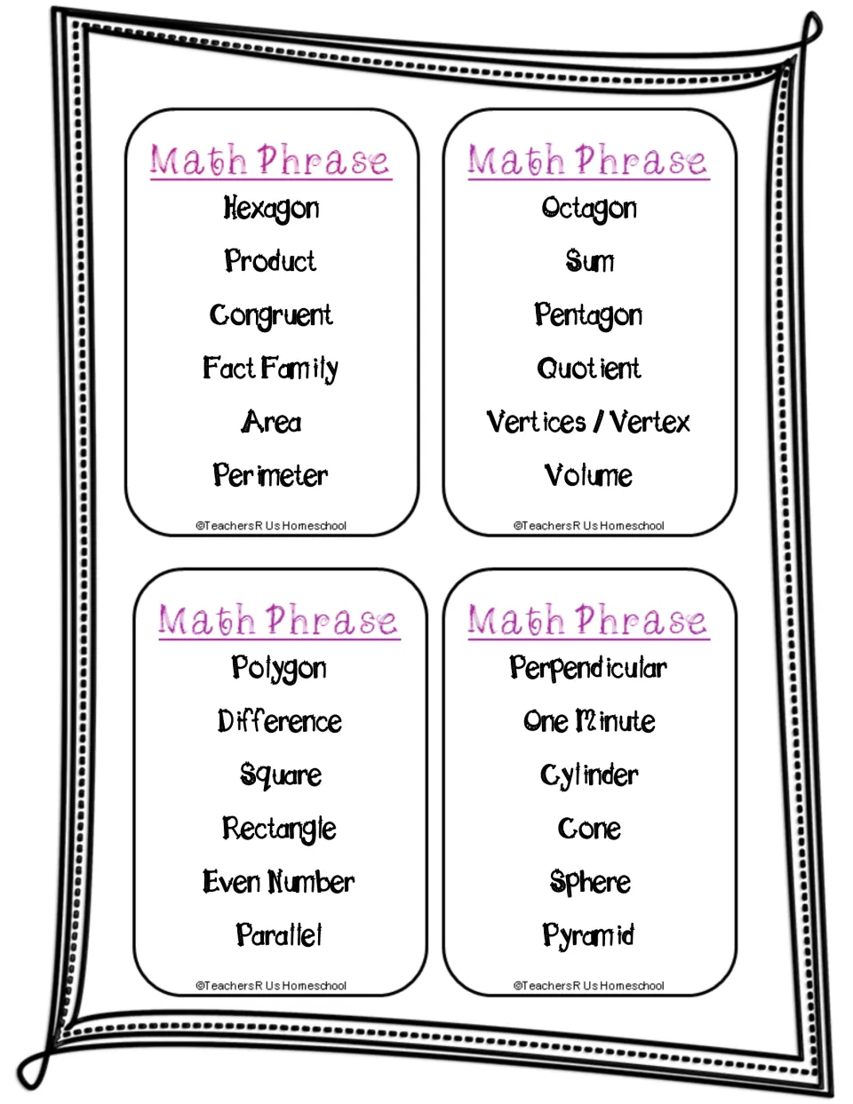 Vocabulary game cards: clue-givers describe hexagon, sum, fact family, polygon, perpendicular, cone and other terms