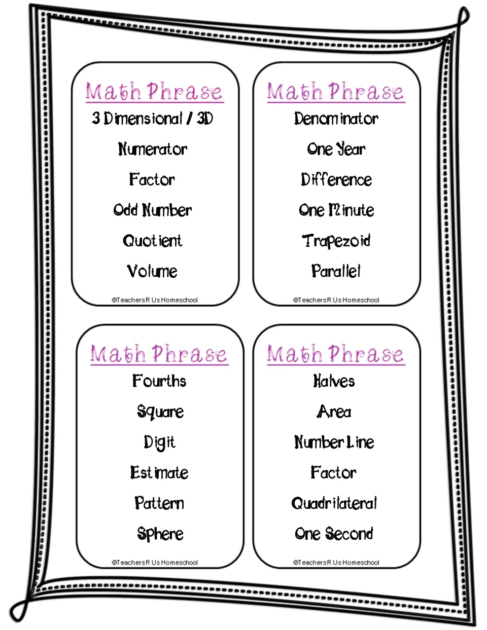 Game cards with 3D, numerator, factor, odd number, fourths, halves, number line and quadrilateral for students to describe