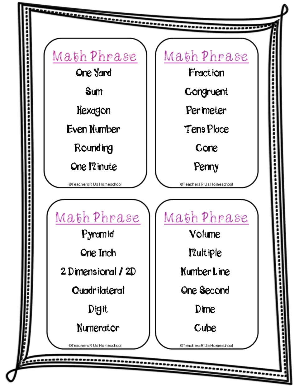 Clue cards listing one yard, rounding, tens place, penny, pyramid, 2D, multiple and one second for teams to guess