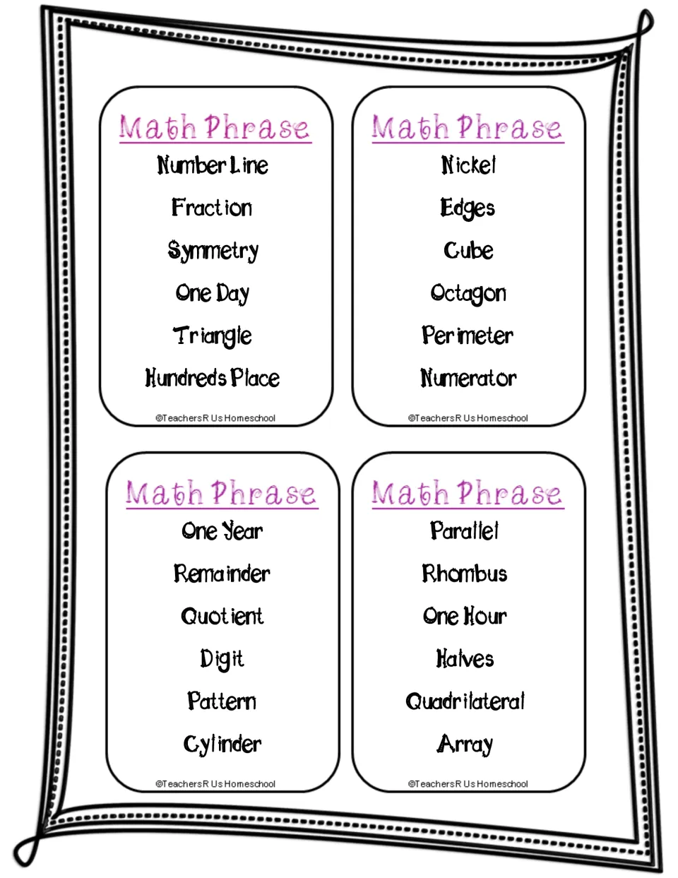 Clue cards featuring number line, hundreds place, edges, rhombus, remainder, halves and array for teams to guess