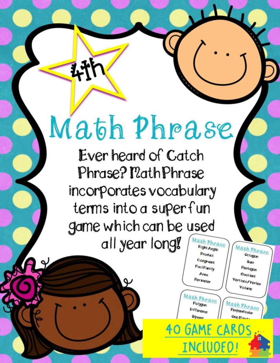 Math Phrase cover: a 4th grade math vocabulary guessing game modeled on Catch Phrase, with 40 game cards included