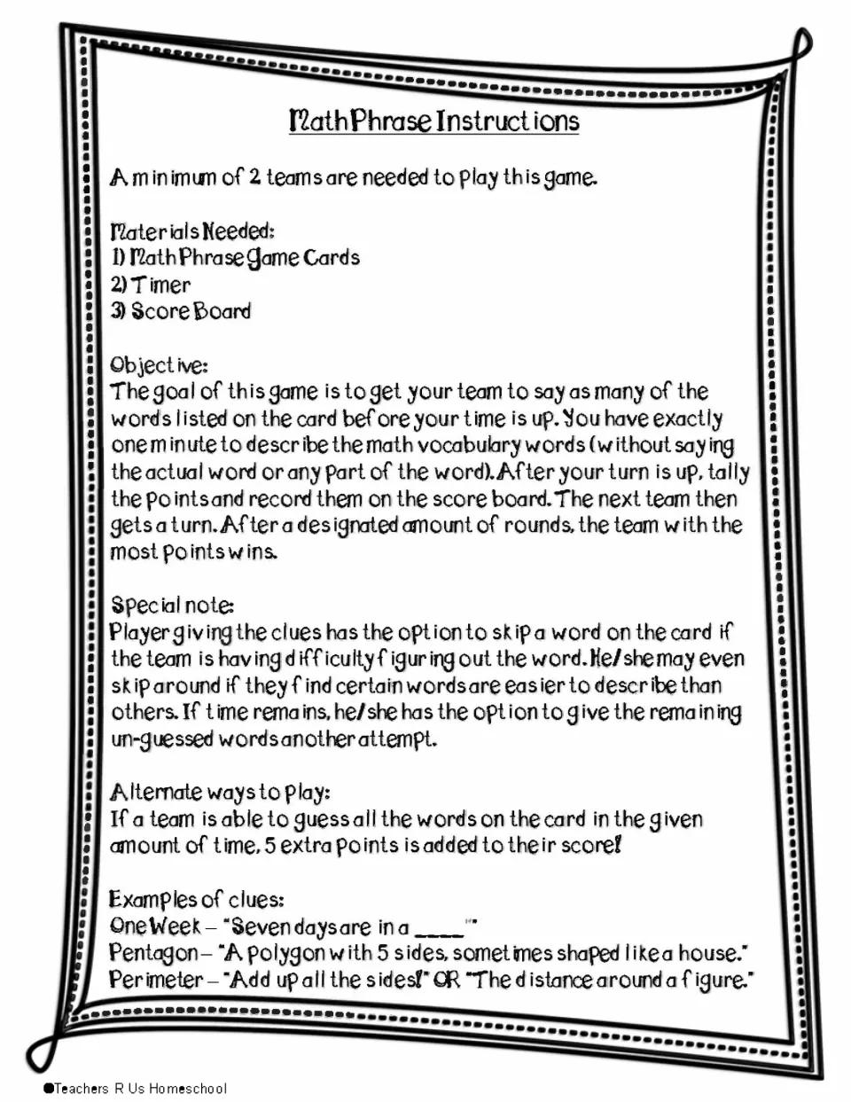 Math Phrase instructions: teams describe vocabulary on a card for one minute without saying the word, then tally points