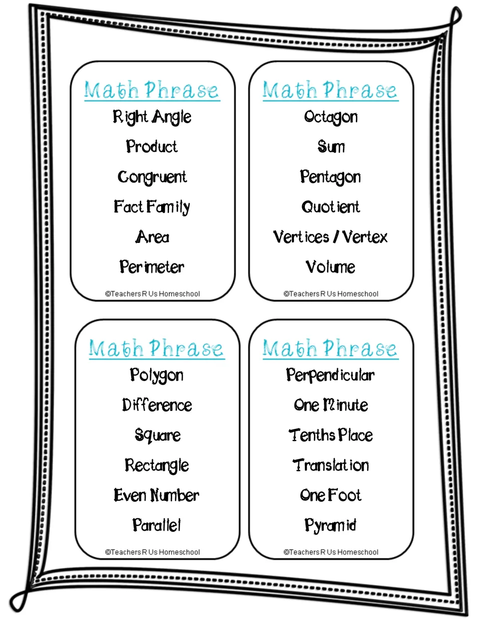 Math vocabulary cards: four cards of six terms, including right angle, fact family, vertices, polygon and translation