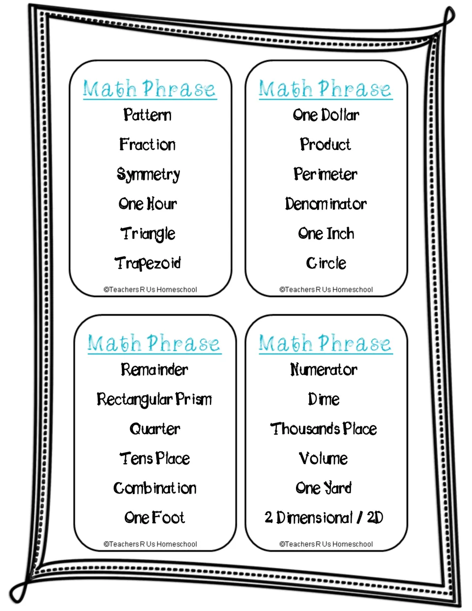 Math term cards for describing aloud: pattern, symmetry, one dollar, denominator, remainder and rectangular prism