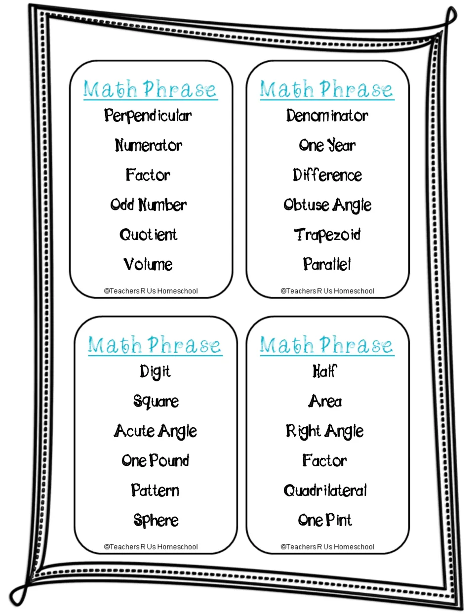 Vocabulary clue cards with terms such as perpendicular, obtuse angle, acute angle, factor, one pound and quadrilateral