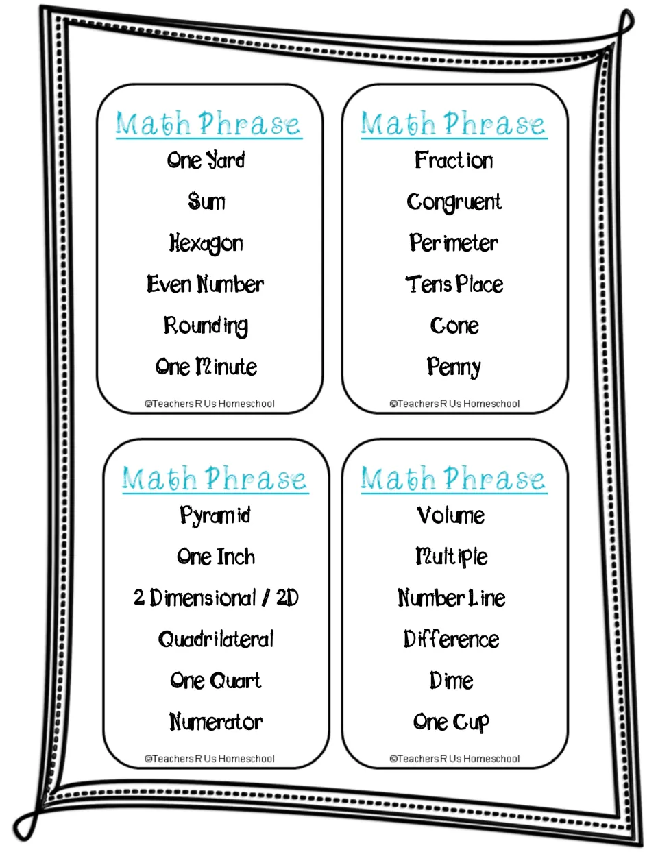 Four game cards of math words to describe: hexagon, rounding, cone, penny, pyramid, number line, one quart and one cup