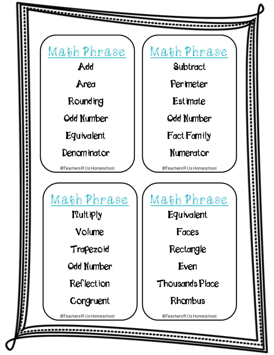 Operation and fraction vocabulary cards: add, subtract, estimate, equivalent, multiply, reflection, faces and rhombus