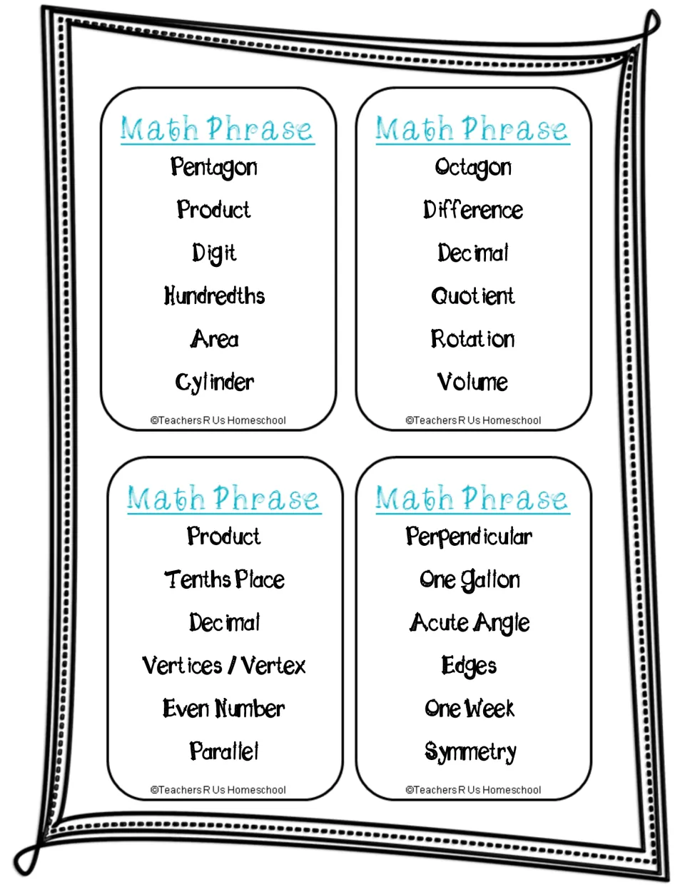 Cards of terms to explain without naming: pentagon, hundredths, decimal, cylinder, rotation, one gallon and one week