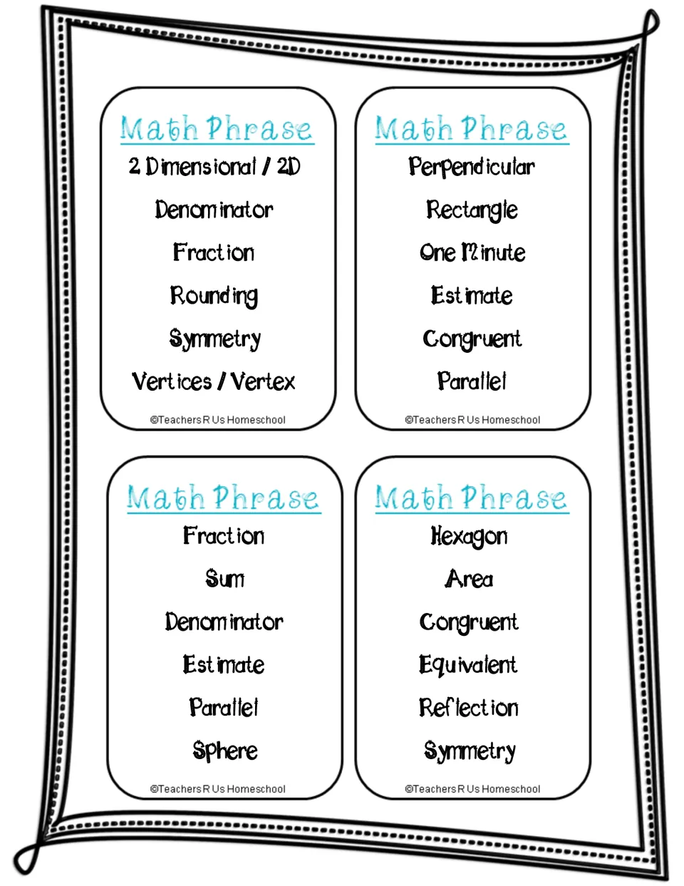 Math word cards for timed clue rounds: 2 dimensional, rounding, vertices, estimate, sphere, hexagon and reflection