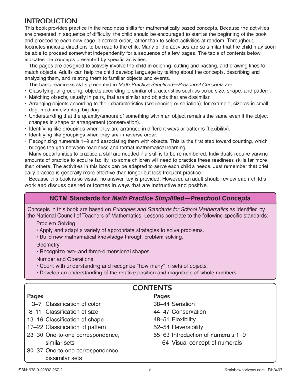 Introduction explaining readiness skills such as classifying, seriation and conservation, plus NCTM standards and contents