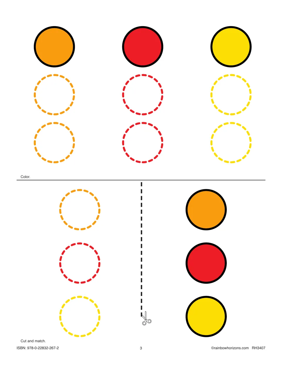 Classifying by color: students color circles orange, red or yellow to match a model, then cut out colored circles to match