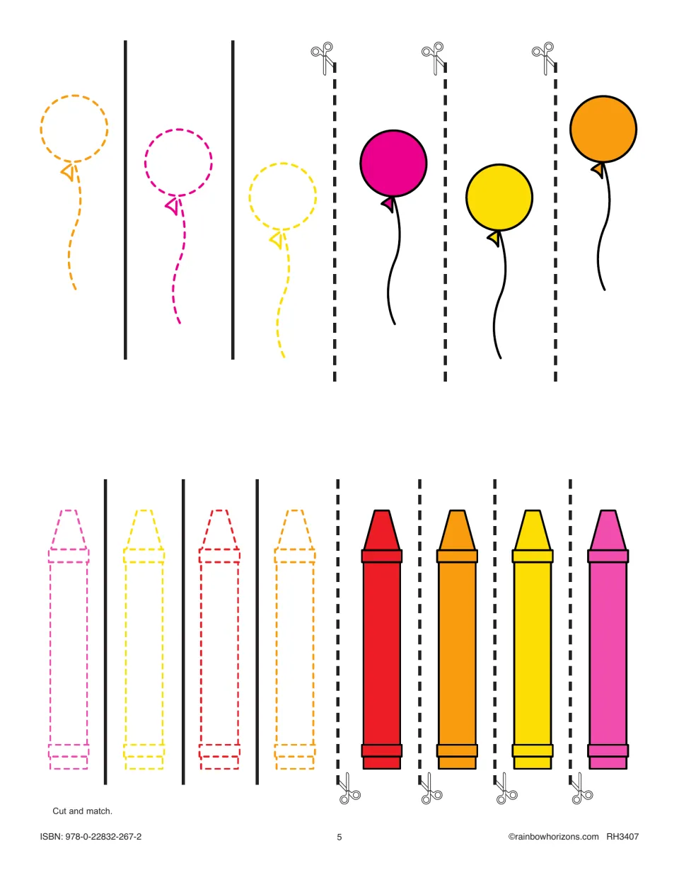 Color matching: students cut out pink, yellow and orange balloons and four colored crayons and paste each on its outline