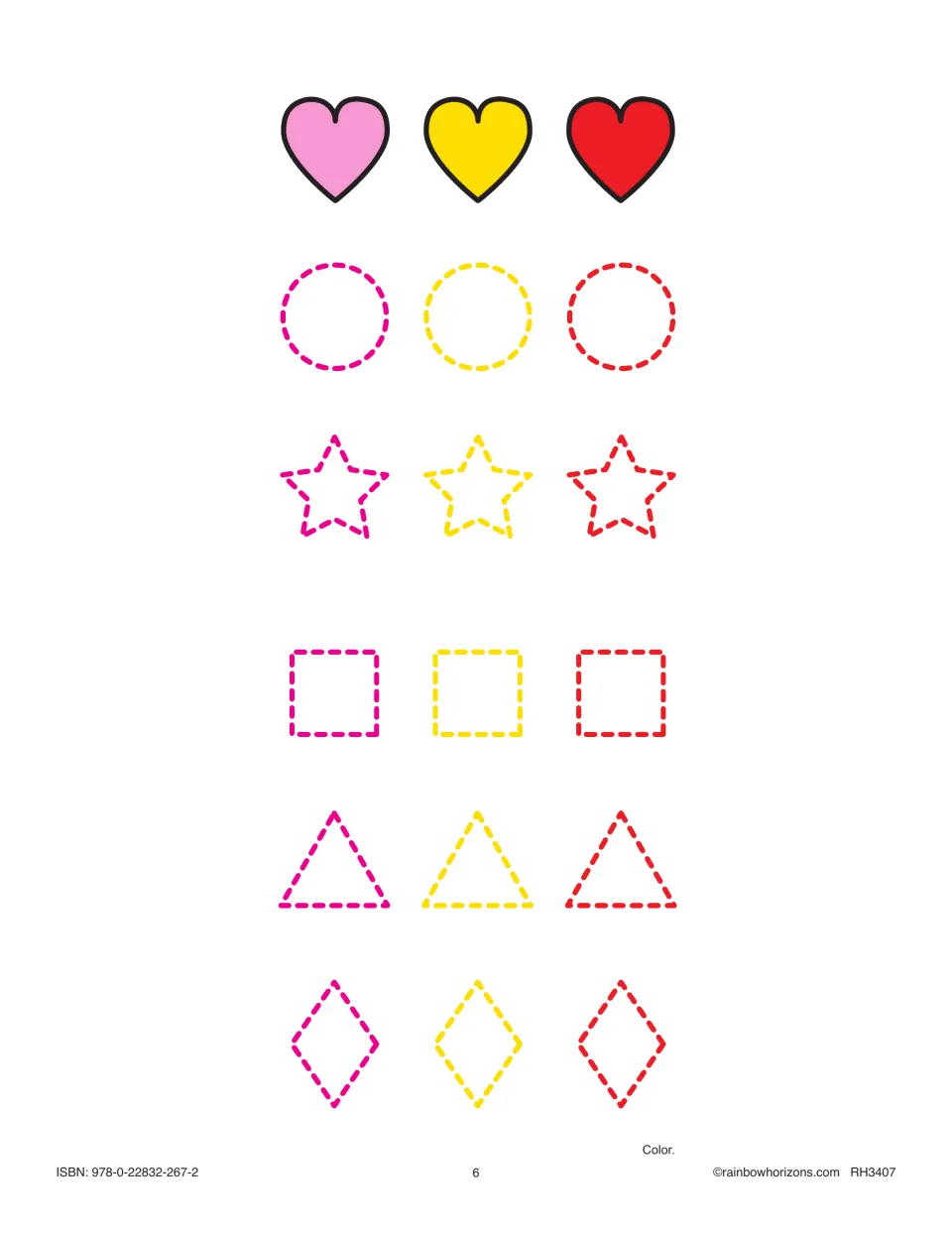 Color practice: students color circles, stars, squares, triangles and diamonds pink, yellow or red to match three hearts