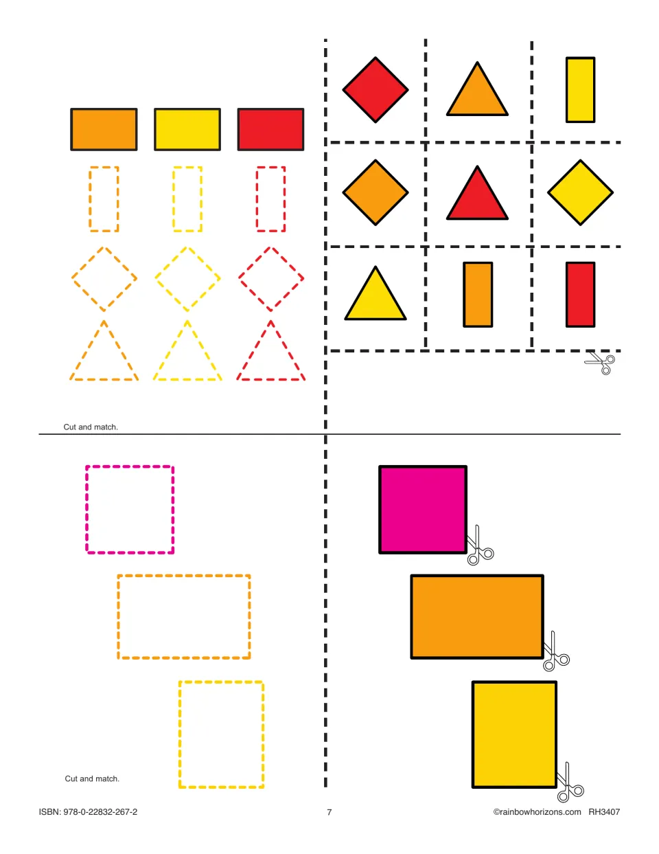 Cut and match: students cut out diamonds, triangles and rectangles to match outlines, then a square and two rectangles