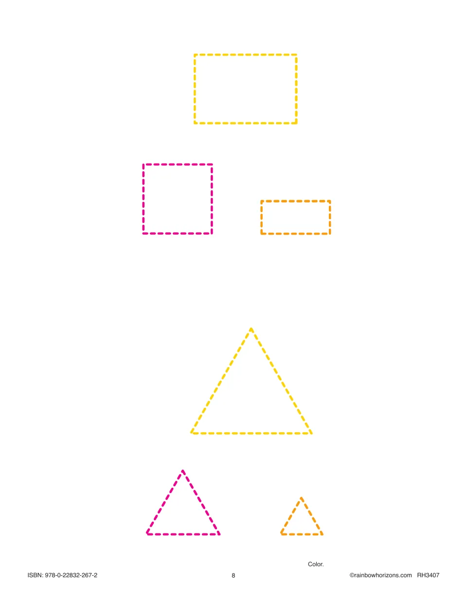 Classifying by size: students color three four-sided shapes and three triangles, each in a large, medium and small size