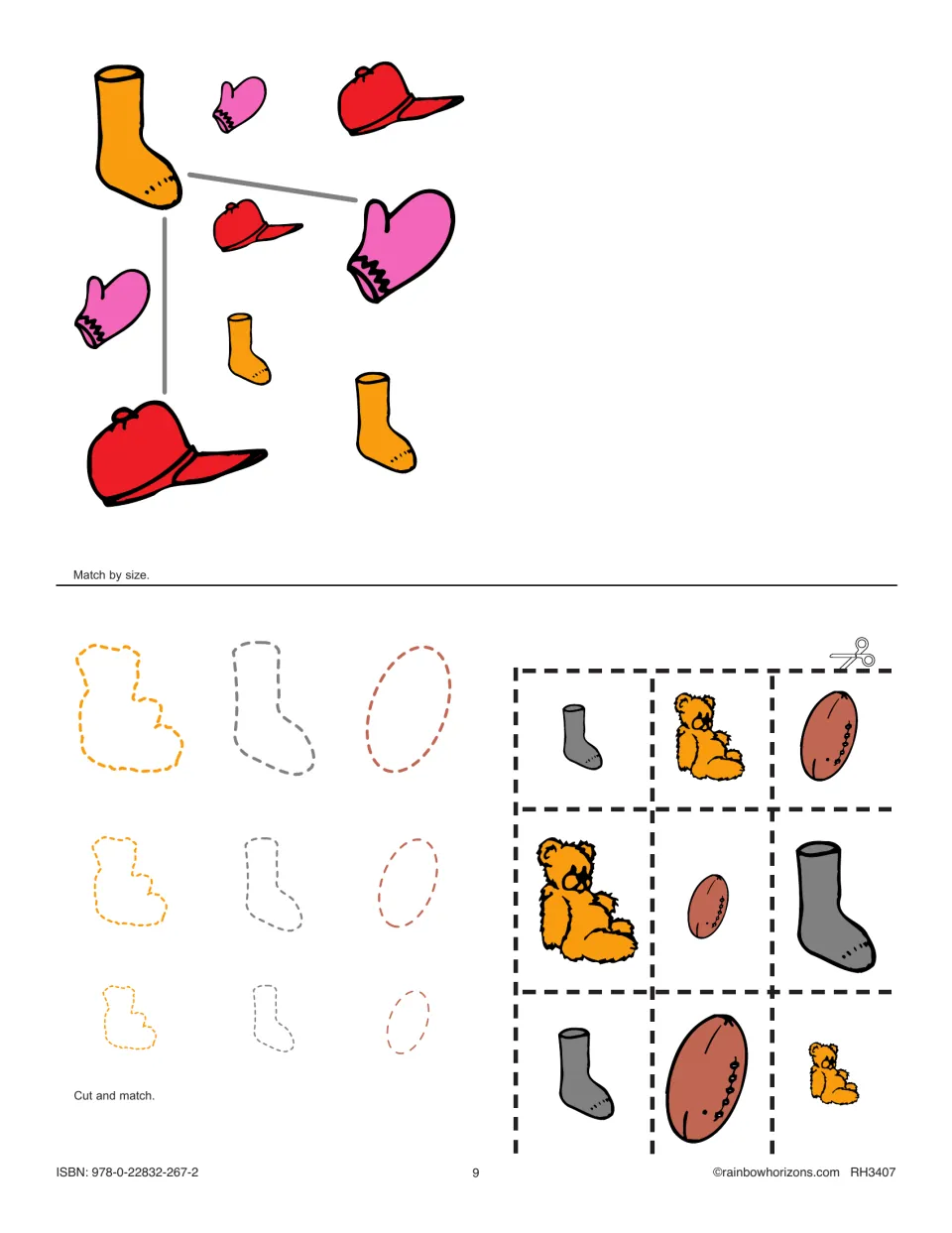 Match by size: students draw lines joining same-size socks, mittens and caps, then cut out bears, socks and footballs