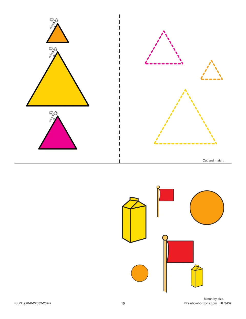 Size matching: students cut out triangles to fit outlines by size, then pair big and small flags, milk cartons and circles