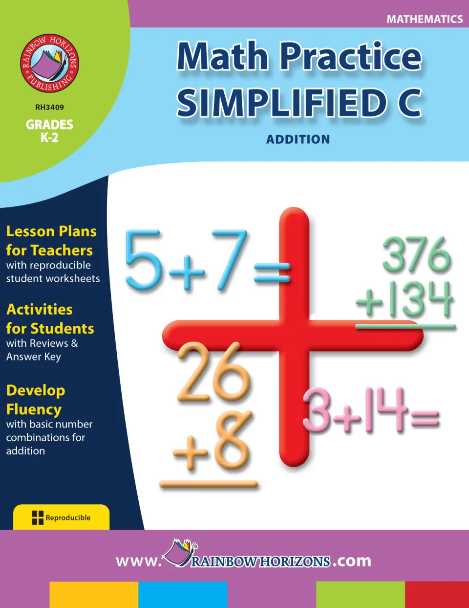 Cover of Math Practice Simplified C - Addition for grades K–2, featuring addition problems and a plus sign