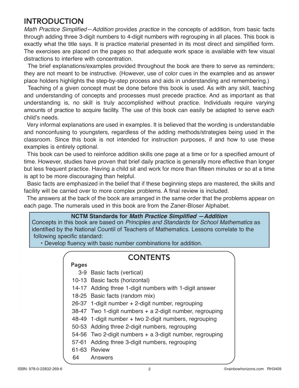 Introduction and contents outline addition practice from basic facts to regrouping, review, and answers