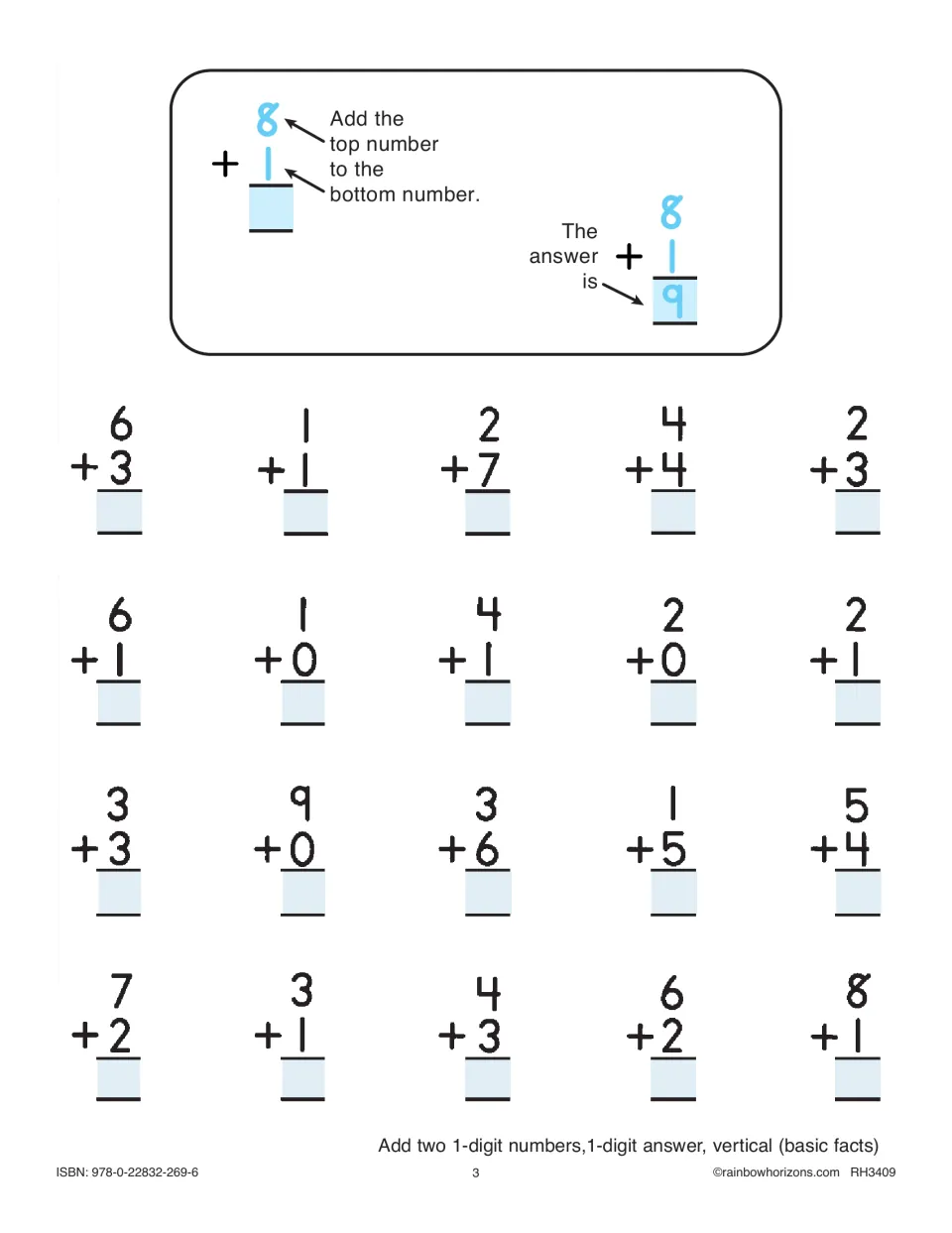 Addition practice begins with an 8 + 1 = 9 example and 20 vertical problems with single-digit answers