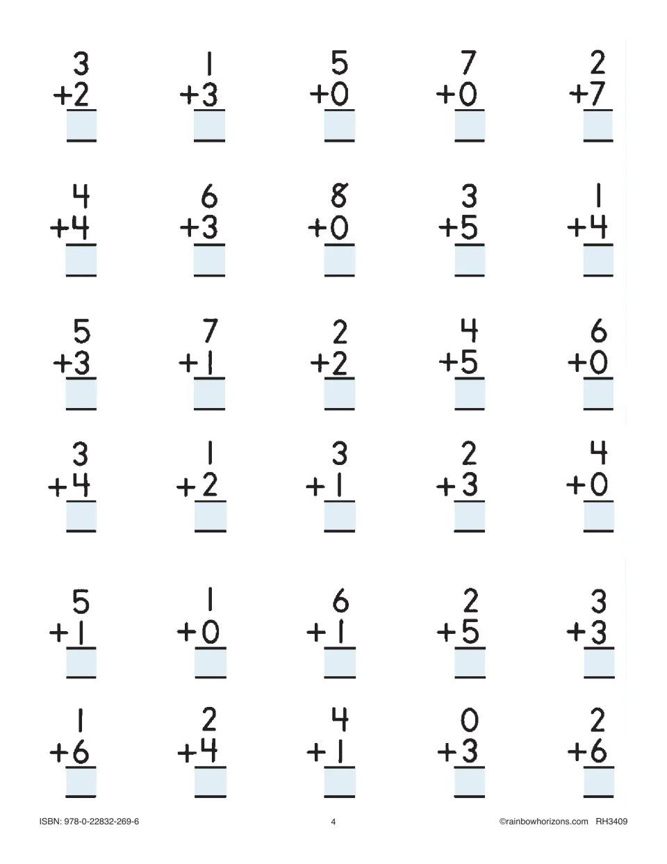 Vertical addition practice continues with 30 basic facts, including 3 + 2, 1 + 3, 5 + 0, and 7 + 0