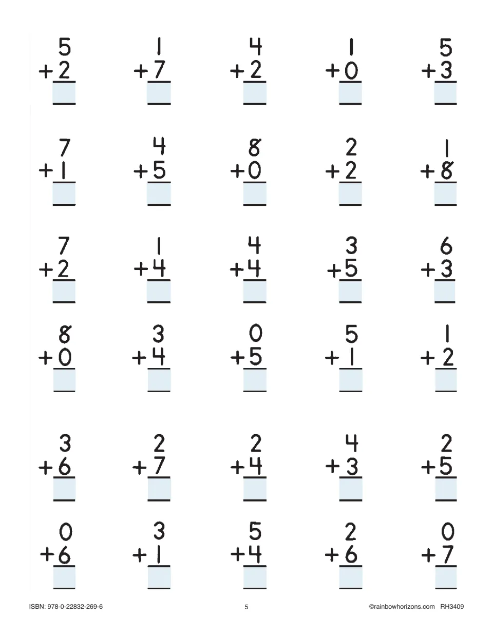 Vertical addition practice presents 30 basic facts, including 5 + 2, 1 + 7, 4 + 2, and 1 + 0