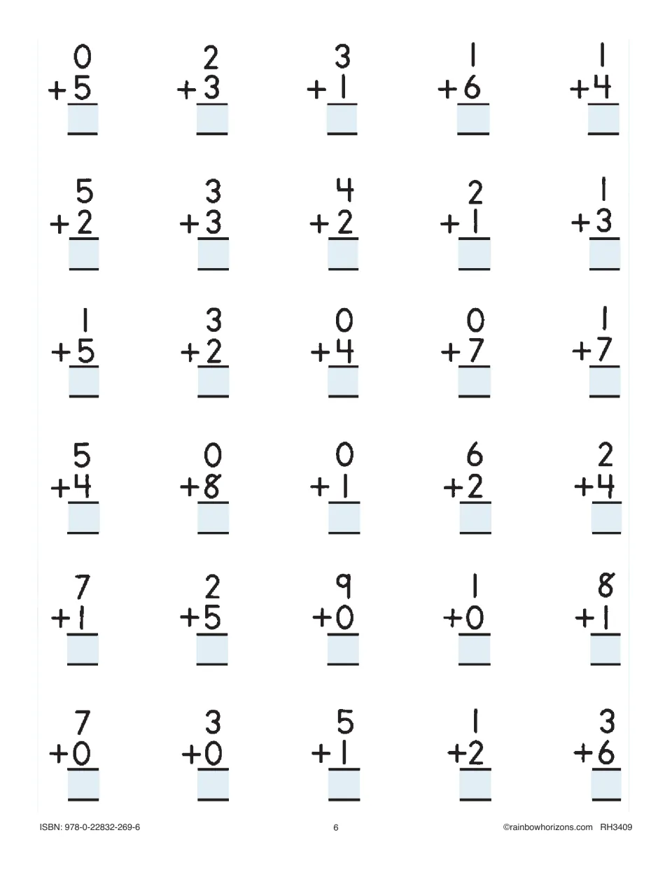 Vertical addition practice provides 30 basic facts, including 0 + 5, 2 + 3, 3 + 1, and 1 + 6
