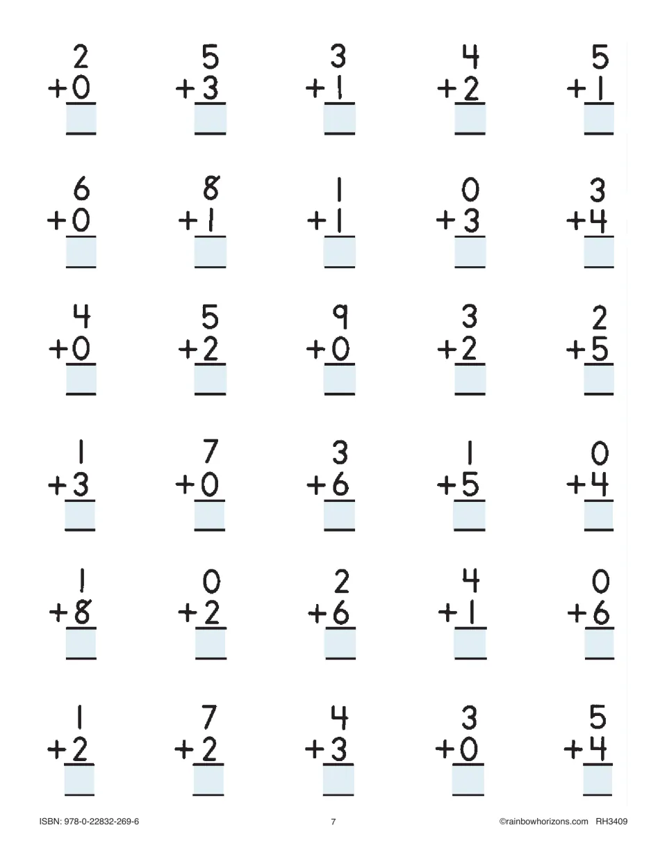 Vertical addition practice includes 30 basic facts, starting with 2 + 0, 5 + 3, 3 + 1, and 4 + 2