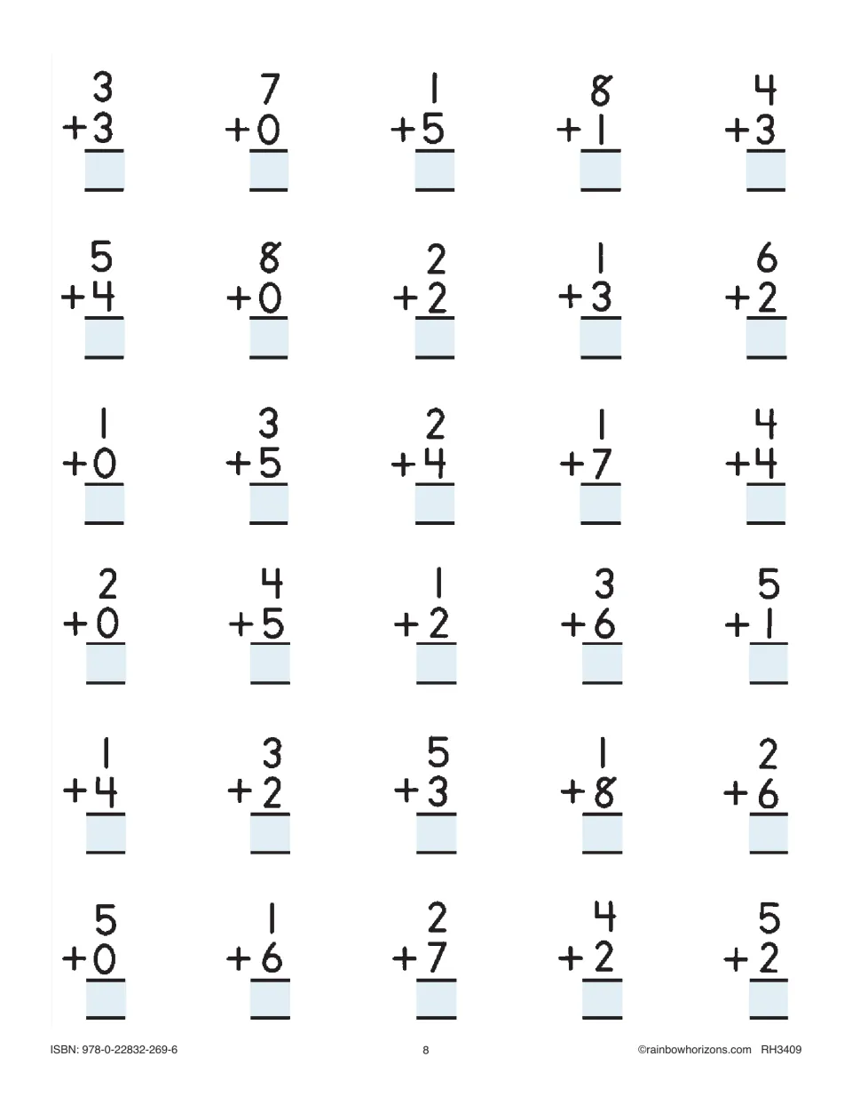 Vertical addition practice features 30 basic facts, starting with 3 + 3, 7 + 0, 1 + 5, and 8 + 1