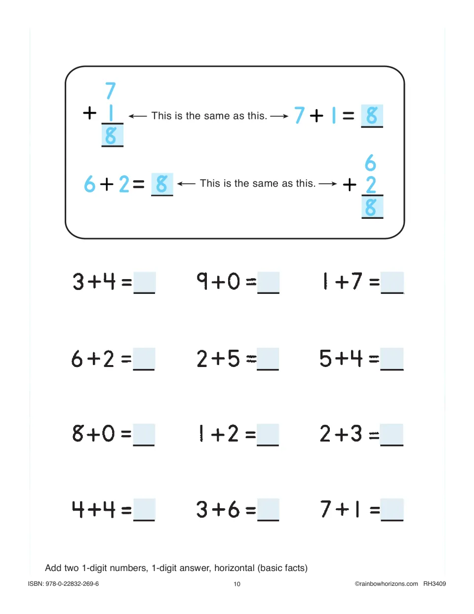 Horizontal addition practice has 12 problems and examples showing 7 + 1 and 6 + 2 in both written formats