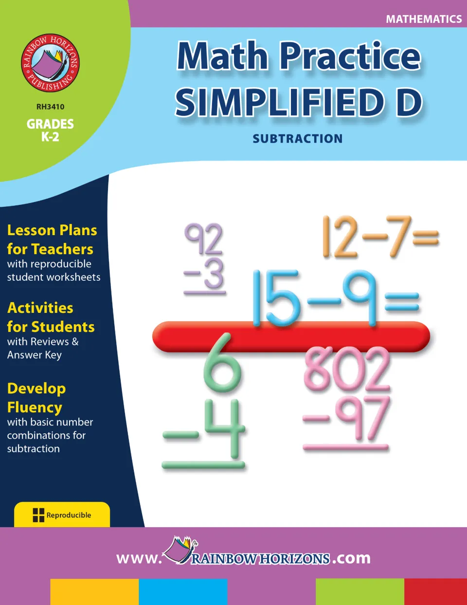 Math Practice Simplified D cover: Subtraction book for grades K-2 with lesson plans, student activities and answer key