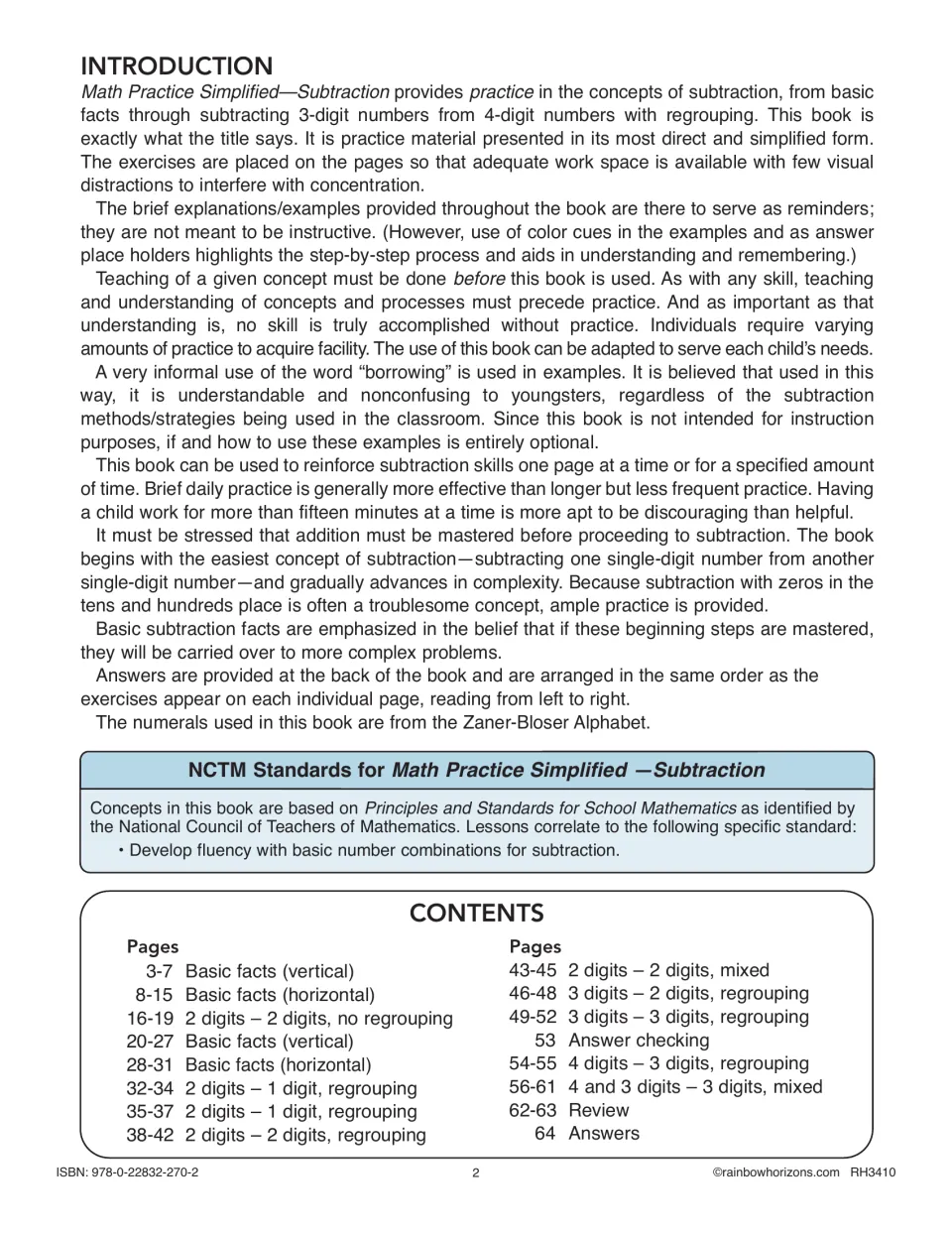 Introduction to subtraction practice book with NCTM standard note and contents from basic facts to 4-digit regrouping